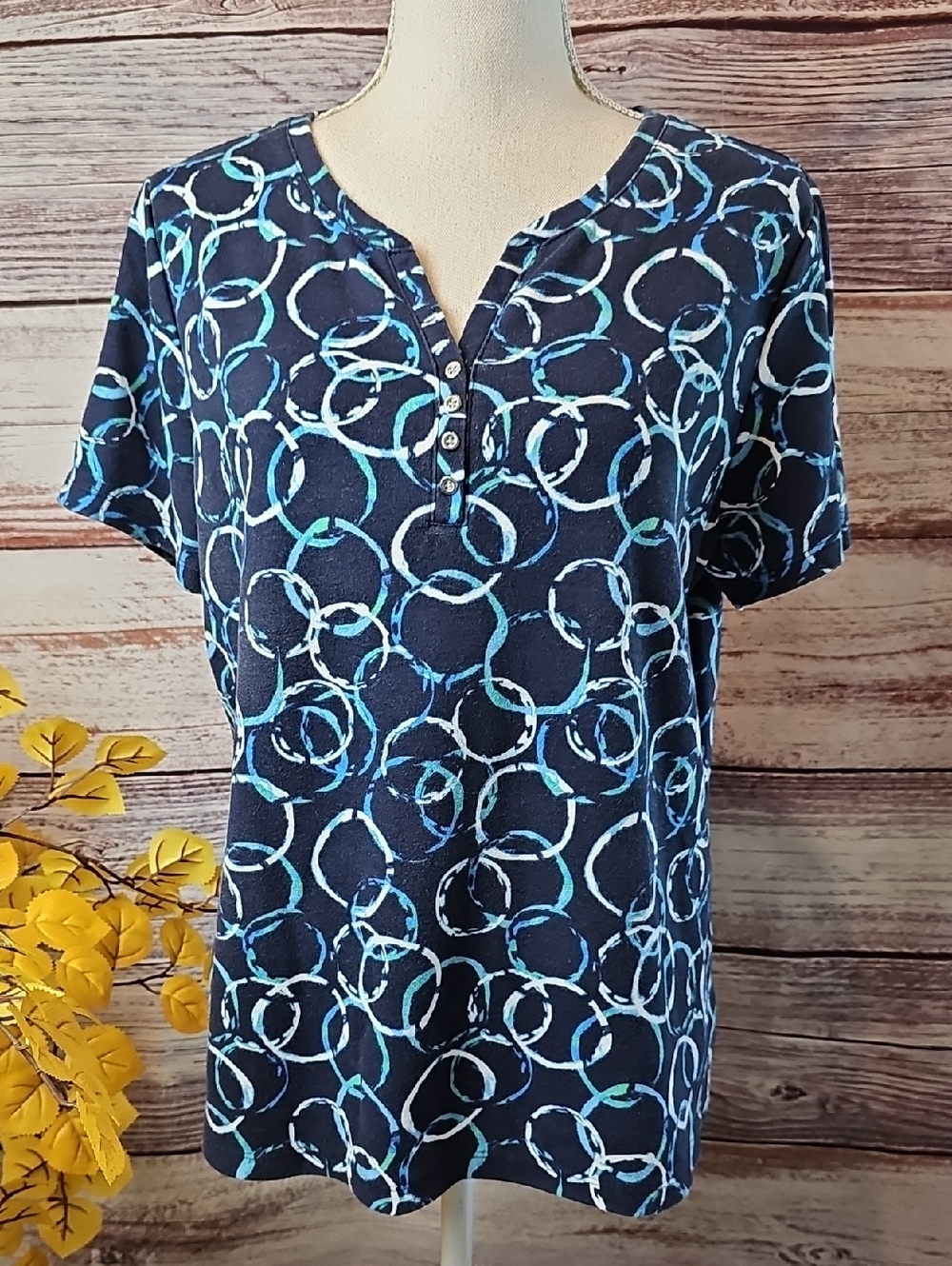 KAREN SCOTT NAVY BLUE SHORT SLEEVE SPLIT V-NECK PULLOVER COTTON TEE TOP - Picture 3 of 12